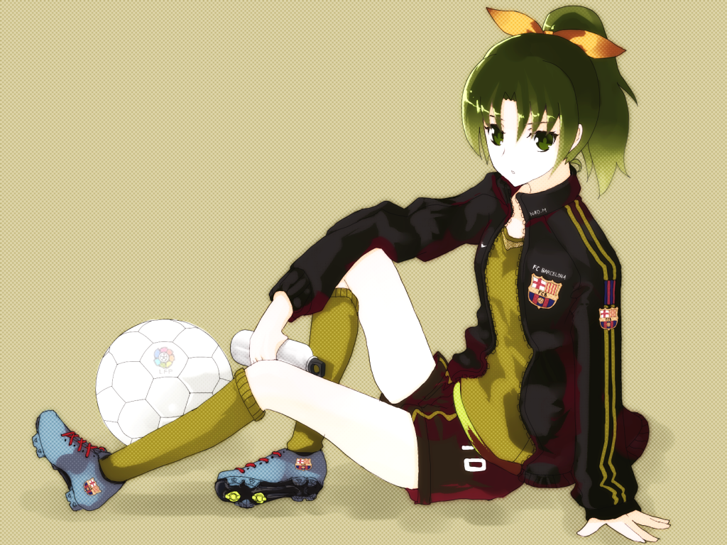 bad_id bad_pixiv_id ball bottle cleats green_eyes green_hair green_shirt jacket kneehighs midorikawa_nao ponytail precure ribbon shirt shorts simple_background sitting smile_precure! soccer_ball solo vader_(n.r.t.a.) water_bottle white_soccer_ball