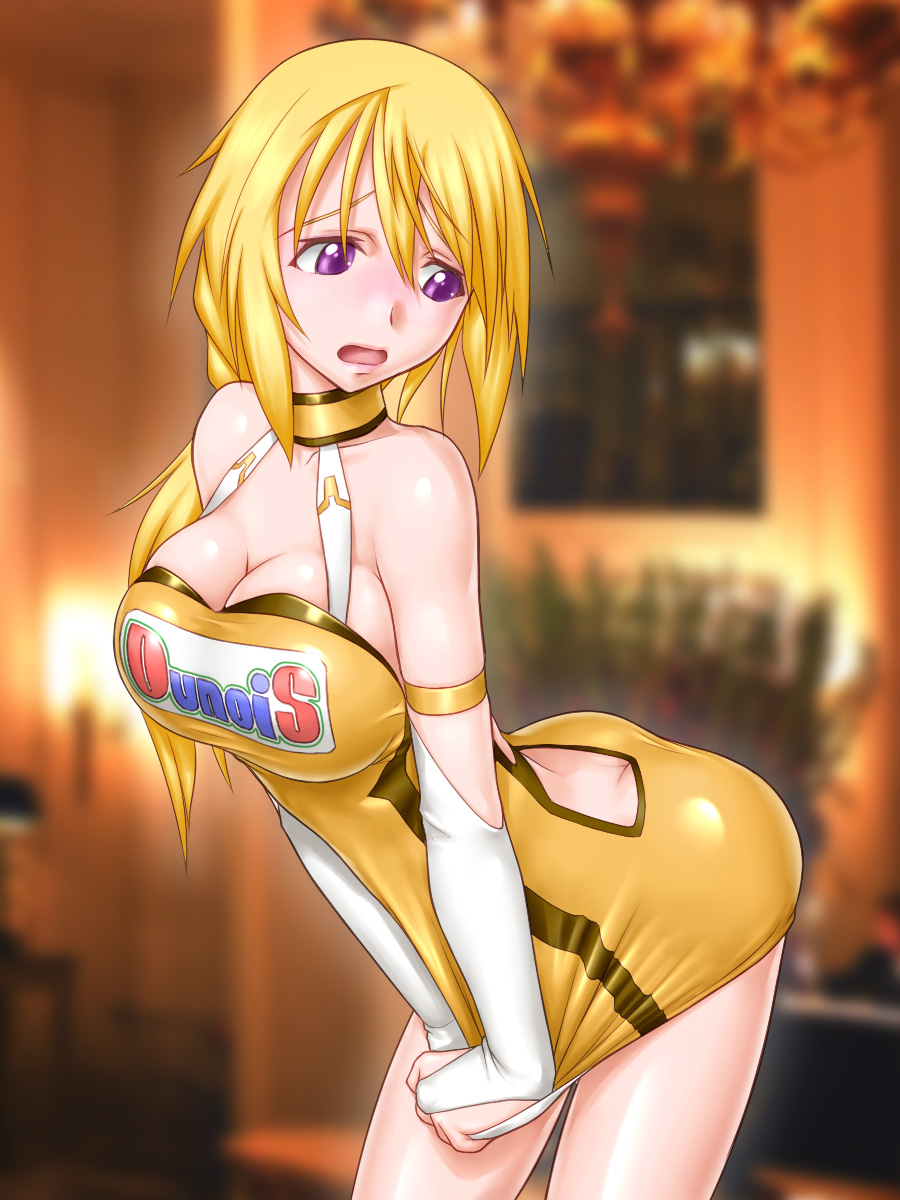 ^jj^ ass back_cutout bare_shoulders blonde_hair blush breasts bridal_gauntlets charlotte_dunois cleavage clothes_writing cowboy_shot elbow_gloves gloves highres huge_breasts infinite_stratos leaning_forward long_hair looking_back no_panties open_mouth purple_eyes race_queen skirt skirt_tug solo standing thighs worried