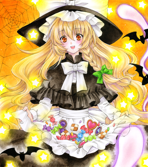 6kusa acrylic_paint_(medium) apron blonde_hair bow braid candy capelet food hair_bow hat hat_bow heart kirisame_marisa long_hair orange_eyes silk skirt_basket solo spider_web star sweets touhou traditional_media white_bow witch_hat