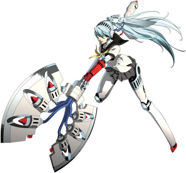 android axe battle_axe blue_hair houndstooth huge_weapon jpeg_artifacts knee_pads labrys long_hair miniskirt official_art persona persona_4:_the_ultimate_in_mayonaka_arena pleated_skirt ponytail red_eyes robot_joints school_uniform serafuku skirt solo weapon