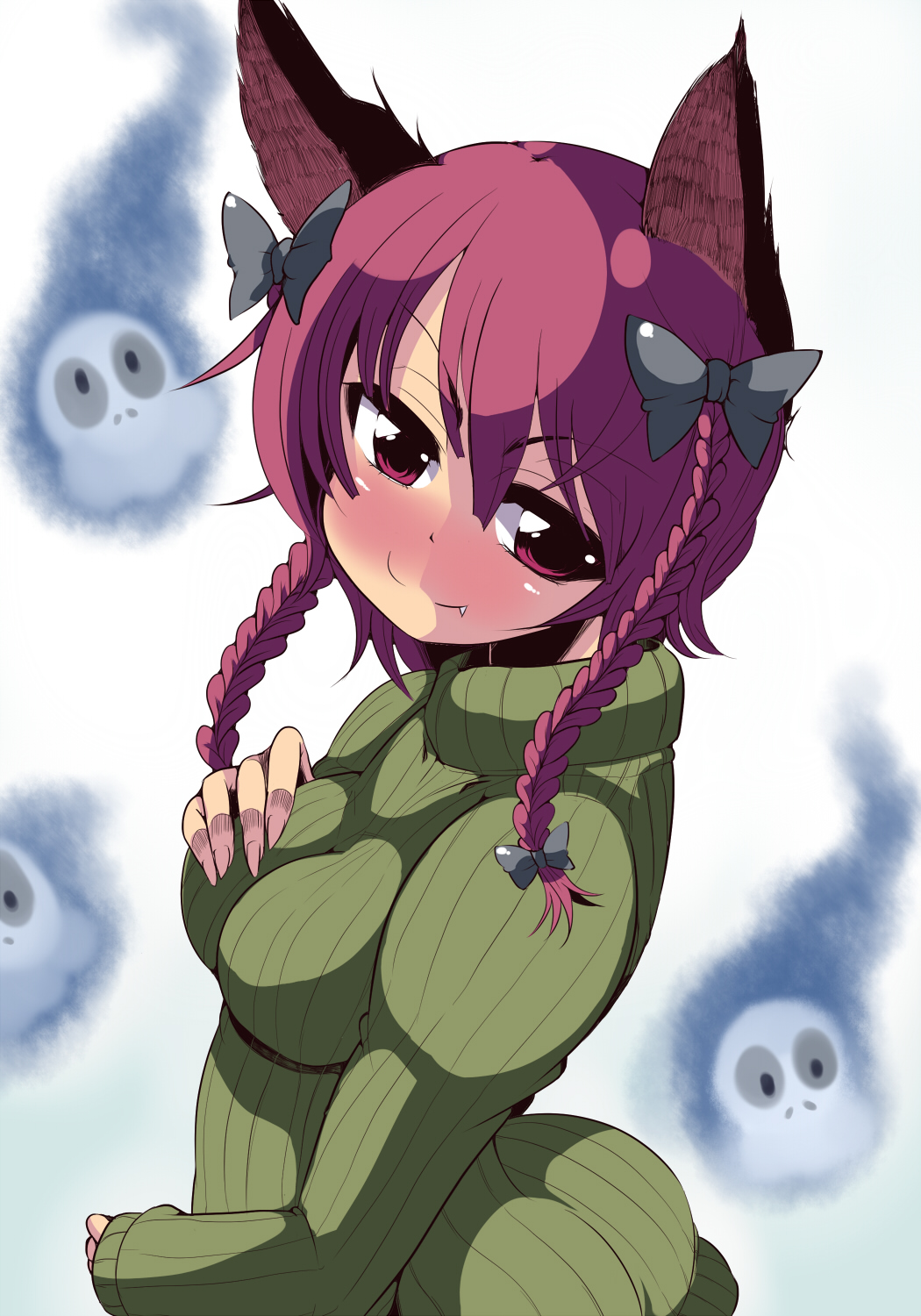 alternate_costume animal_ears blush bow braid cat_ears face fang fingernails green_shirt hair_bow hand_on_own_chest highres kaenbyou_rin long_fingernails niwatori_gunsou red_eyes red_hair ribbed_sweater shirt short_hair skull smile solo sweater touhou twin_braids twintails
