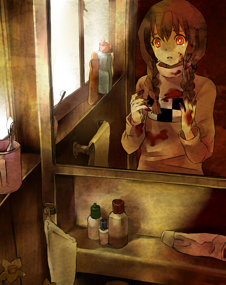 blood braid madotsuki mirror pochiron red_eyes solo tears toothbrush turtleneck twin_braids yume_nikki