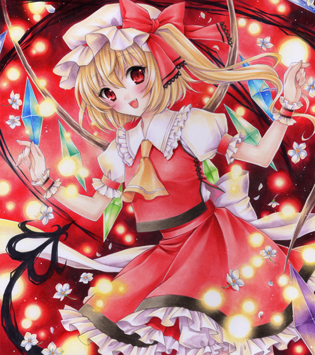 6kusa acrylic_paint_(medium) ascot blonde_hair blush flandre_scarlet flower hat laevatein open_mouth red_eyes side_ponytail skirt skirt_set solo touhou traditional_media wings wrist_cuffs