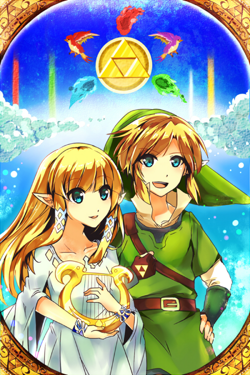 1girl akamomo bad_id bad_pixiv_id belt blonde_hair blue_eyes bracelet gloves harp hat instrument jewelry link pointy_ears princess_zelda sky smile the_legend_of_zelda the_legend_of_zelda:_skyward_sword triforce