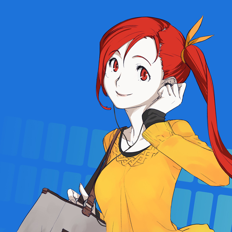 adjusting_earphones bag blue_background copyright_request earphones long_hair masato_(mirai_koubou) red_eyes red_hair simple_background smile solo sweater