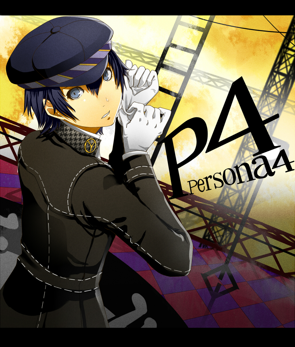 androgynous blue_eyes blue_hair cabbie_hat copyright_name crossdressing from_behind gloves hat highres jacket looking_at_viewer persona persona_4 putting_on_gloves reverse_trap sakurage school_uniform shirogane_naoto short_hair solo