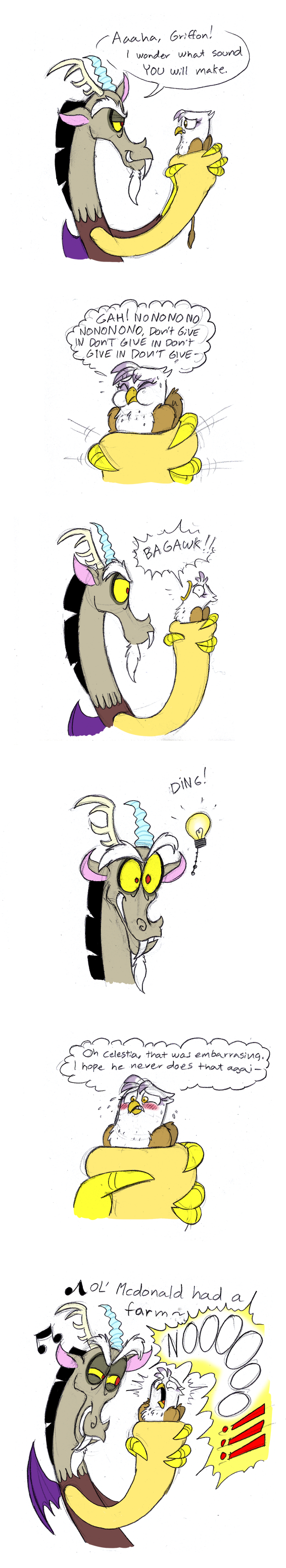 antler antlers avian comic dialog dialogue discord_(mlp) draconequus english_text facial_hair fangs female friendship_is_magic gilda_(mlp) goatee gryphon horn idea lightbulb male mickeymonster musical_note my_little_pony plain_background singing squeezing text white_background
