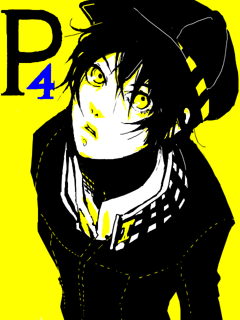 androgynous black_hair cabbie_hat copyright_name crossdressing face haruaki_and_ogawa hat jacket looking_at_viewer monochrome open_mouth persona persona_4 reverse_trap school_uniform shirogane_naoto short_hair solo yellow yellow_eyes