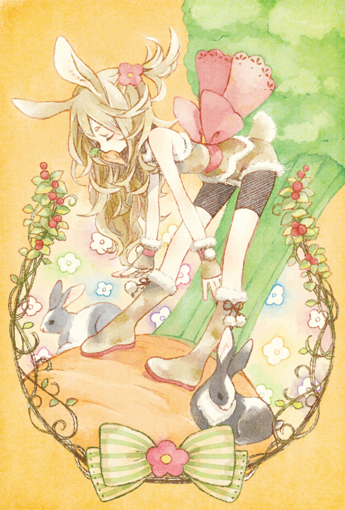 animal_ears bare_shoulders bent_over bike_shorts blonde_hair boots bow bunny bunny_ears bunny_tail cako_asida carrot colorful eating flower food food_in_mouth frame gloves hair_flower hair_ornament large_bow long_legs original pale_color plant standing tail