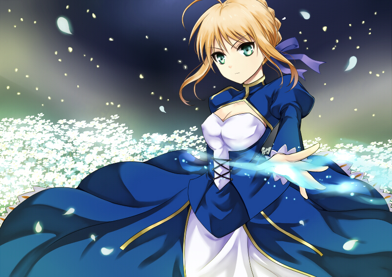 ahoge artoria_pendragon_(all) bad_id bad_pixiv_id blonde_hair breasts cleavage dress fate/stay_night fate_(series) flower green_eyes hair_ribbon harimoji invisible_air medium_breasts outstretched_hand petals ribbon saber solo