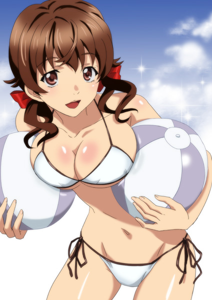 :o ball beachball bikini blush body_blush breasts brown_eyes brown_hair cleavage cloud collarbone day guilty_crown heki_(axis) large_breasts leaning_forward looking_at_viewer menjou_hare navel open_mouth side-tie_bikini sky sparkle swimsuit twintails