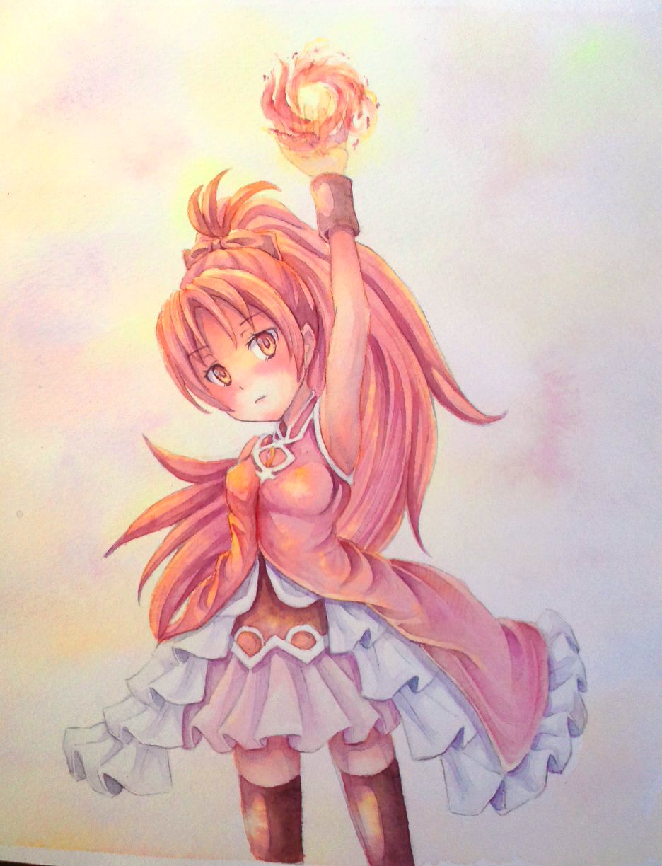 dress fireball highres long_hair magic magical_girl mahou_shoujo_madoka_magica ponytail red_dress red_eyes red_hair sakura_kyouko skirt solo thighhighs traditional_media watercolor_(medium) yuyu_(00365676)