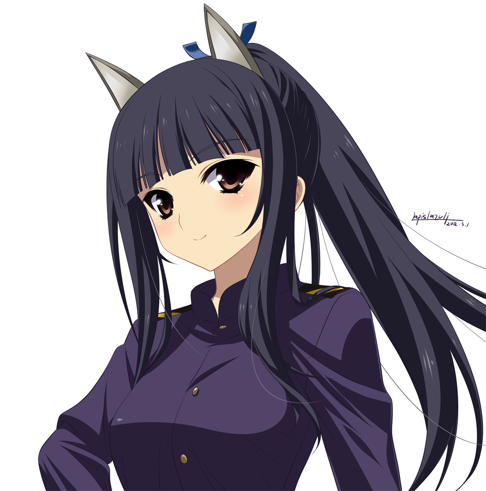 animal_ears black_hair blush brown_hair dated face hattori_shizuka long_hair looking_at_viewer military military_uniform ponytail sidelocks signature smile solo strike_witches umyonge_(lkakeu) uniform upper_body world_witches_series