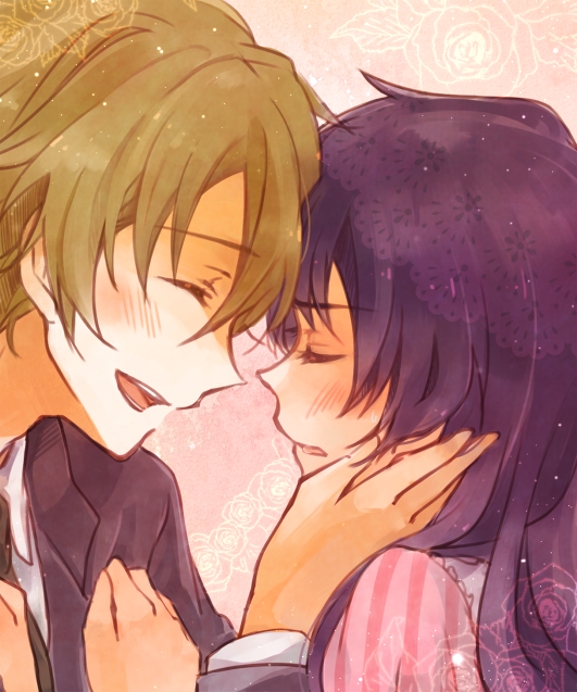 1girl blush brown_hair closed_eyes couple embarrassed face-to-face flower formal hand_on_another's_face happy hetero long_hair mirai_nikki necktie nishijima_masumi open_mouth purple_hair smile suit t0day8 uryuu_minene
