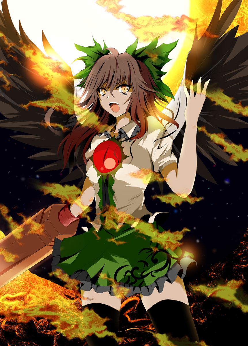 brown_hair fire fuoco highres open_mouth reiuji_utsuho skirt solo thighhighs touhou yellow_eyes