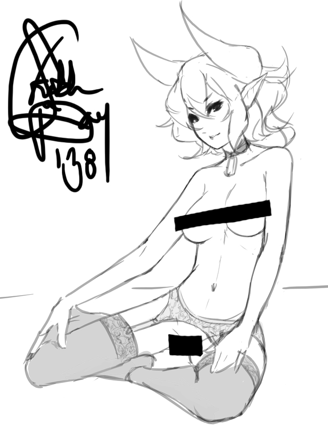 bar_censor borrowed_character breasts censored choker commentary english_commentary eu03 fiend_(juniper's_knot) frilled_legwear frills garter_belt greyscale horns juniper's_knot medium_breasts midriff monochrome navel nipple_censor no_panties short_hair sketch solo thighhighs topless underwear underwear_only wavy_hair