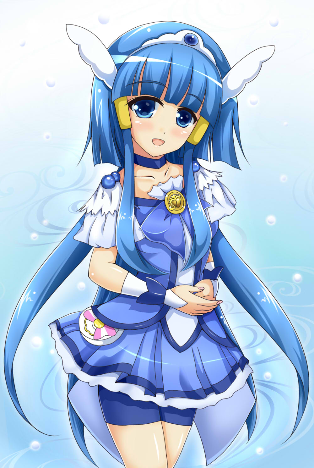 aoki_reika bike_shorts blue blue_eyes blue_hair blue_skirt boots breasts choker cure_beauty hair_tubes head_wings highres long_hair magical_girl medium_breasts precure rouru_(dekkaiotya) shorts shorts_under_skirt skirt smile smile_precure! solo tiara