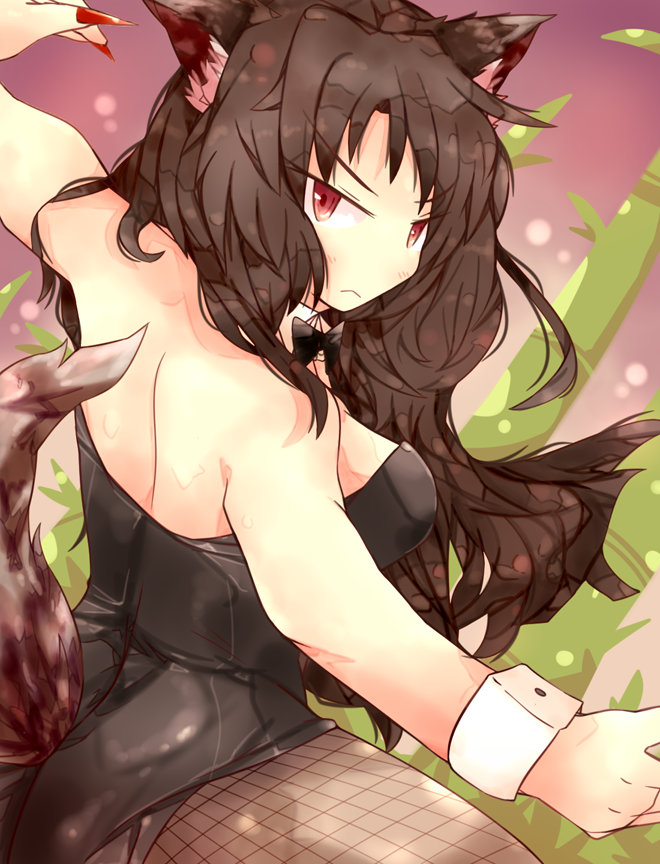 animal_ears artist_request back bamboo bangs bare_shoulders blush bow bowtie breasts brown_hair bunnysuit collar cuffs detached_collar fingernails fishnets frown imaizumi_kagerou leotard long_fingernails long_hair looking_at_viewer medium_breasts nails red_eyes tail touhou very_long_hair wolf_ears wrist_cuffs
