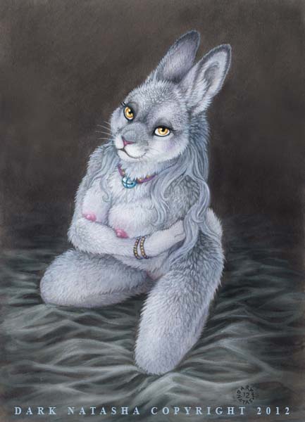 anthro bell breasts collar dark_natasha female fur kneeling lagomorph mammal nipples nude pinup pose rabbit solo whiskers white_fur