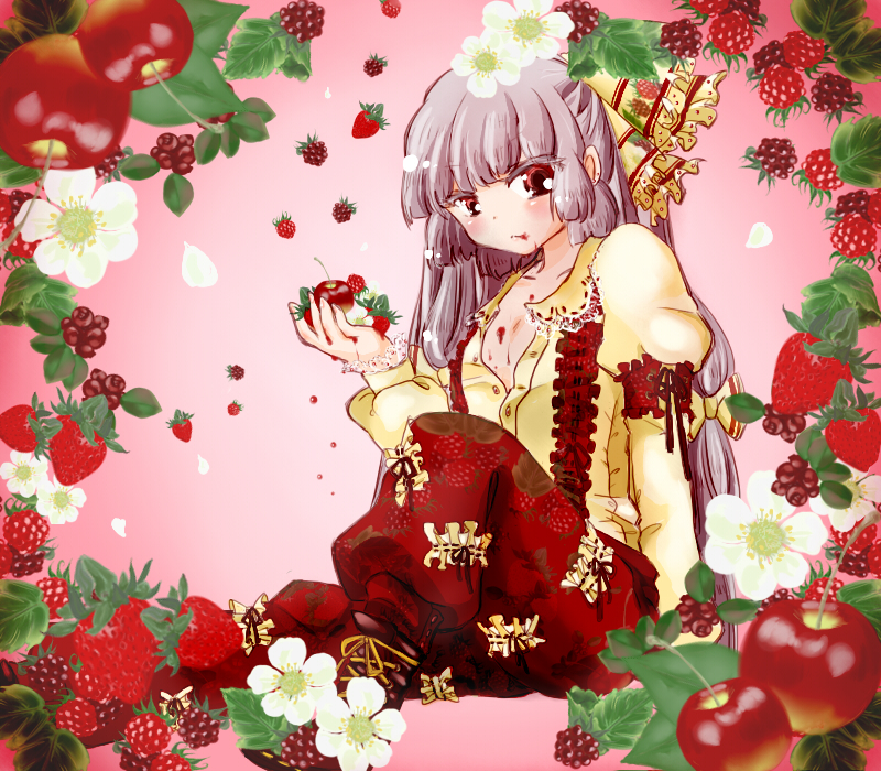 arm_support blush bow cherry eating flower food food_themed_clothes fruit fujiwara_no_mokou grey_hair hair_bow komaku_juushoku long_hair open_clothes open_shirt pink_background raspberry red_eyes ribbon shirt sitting solo strawberry strawberry_blossoms suspenders touhou very_long_hair