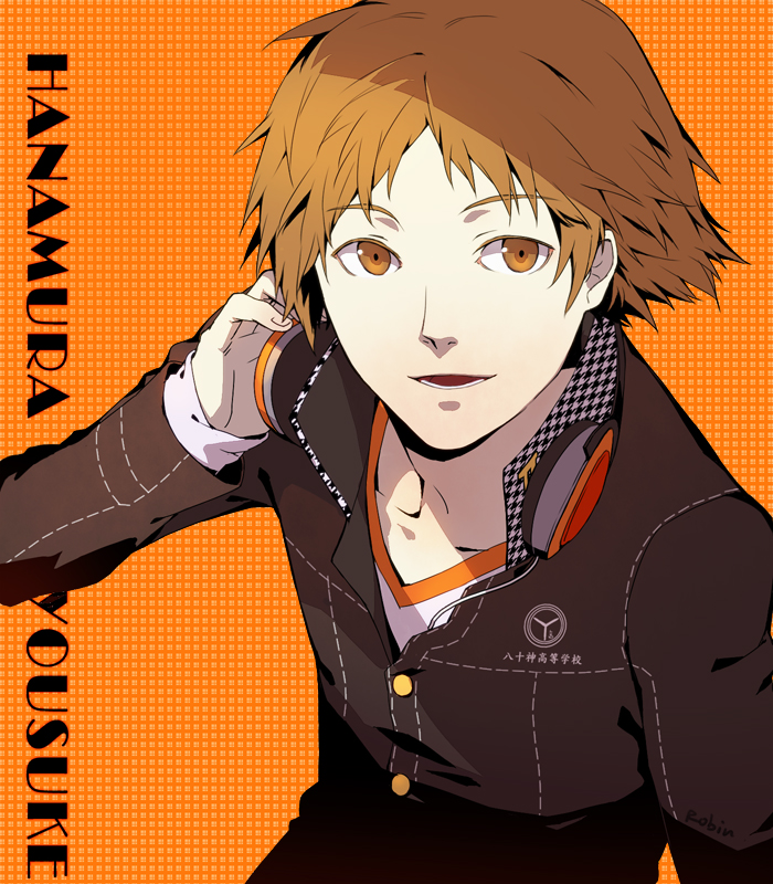 bad_id bad_pixiv_id brown_eyes brown_hair hanamura_yousuke headphones headphones_around_neck jacket looking_at_viewer male_focus open_mouth persona persona_4 robinexile school_uniform smile solo spiked_hair v-neck