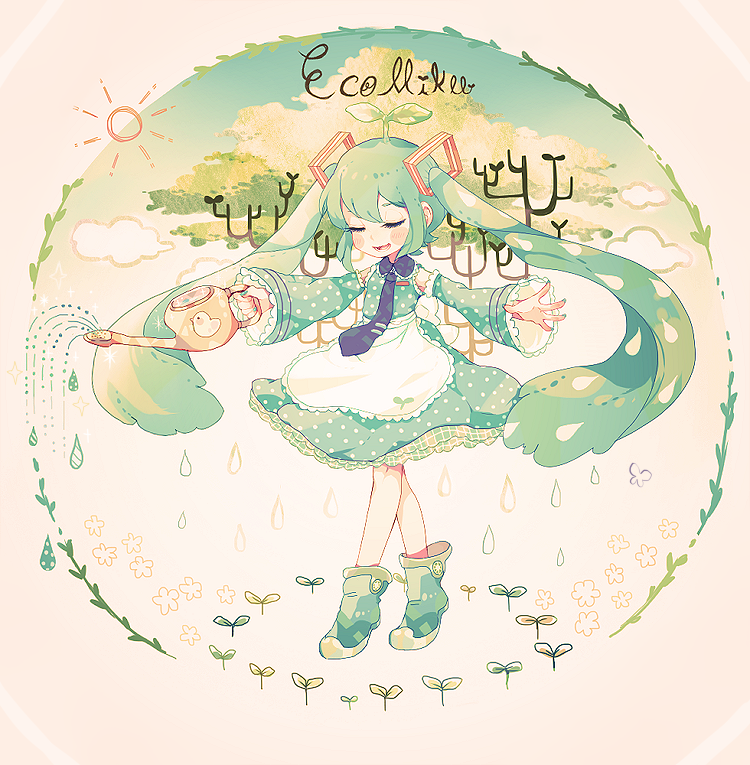 closed_eyes dress floating_hair green_hair hatsune_miku long_hair necktie plant solo souno_kazuki twintails very_long_hair vocaloid watering_can