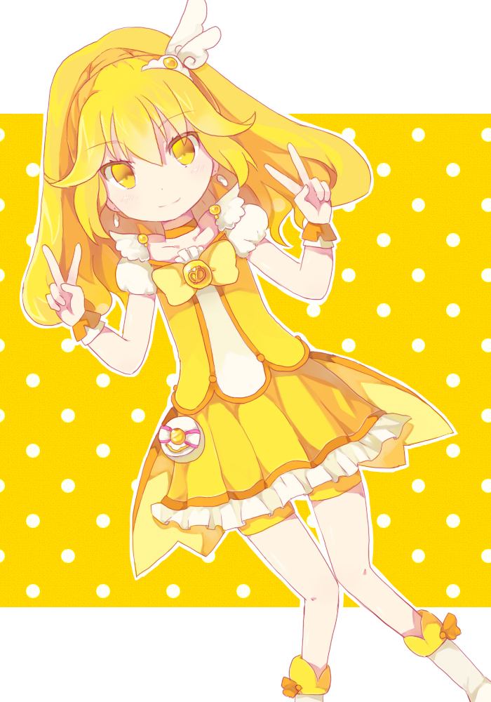 blonde_hair bow choker craytm cure_peace double_v hair_flaps hair_ornament kise_yayoi long_hair precure shorts shorts_under_skirt skirt smile smile_precure! solo v wide_ponytail wrist_cuffs yellow yellow_bow yellow_choker yellow_eyes yellow_shorts yellow_skirt