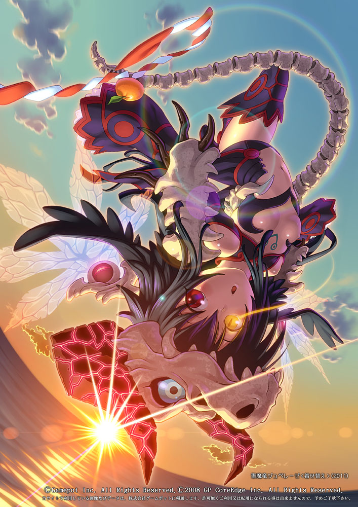 :o alteil bare_shoulders black_legwear boots breasts detached_sleeves flying food fruit glowing glowing_eye heterochromia lens_flare light_trail mandarin_orange medium_breasts navel open_mouth pairan skull sky slit_pupils solo sunrise tail thigh_boots thighhighs upside-down watermark wings