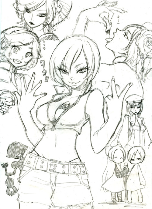 armor artist_request buckle closed_mouth collarbone contrapposto eating japanese_armor looking_at_viewer meiko midriff monochrome multiple_girls navel profile sakine_meiko short_hair shorts shoulder_armor simple_background sketch smirk sode standing stomach white_background