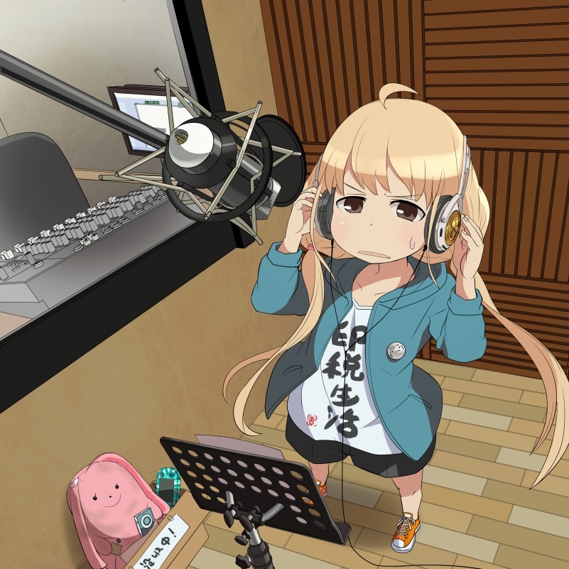 ahoge blonde_hair brown_eyes chiyomi clothes_writing futaba_anzu hand_on_headphones headphones idolmaster idolmaster_cinderella_girls long_hair microphone open_mouth pop_filter recording_studio shirt solo studio studio_microphone stuffed_animal stuffed_bunny stuffed_toy sweatdrop t-shirt twintails very_long_hair