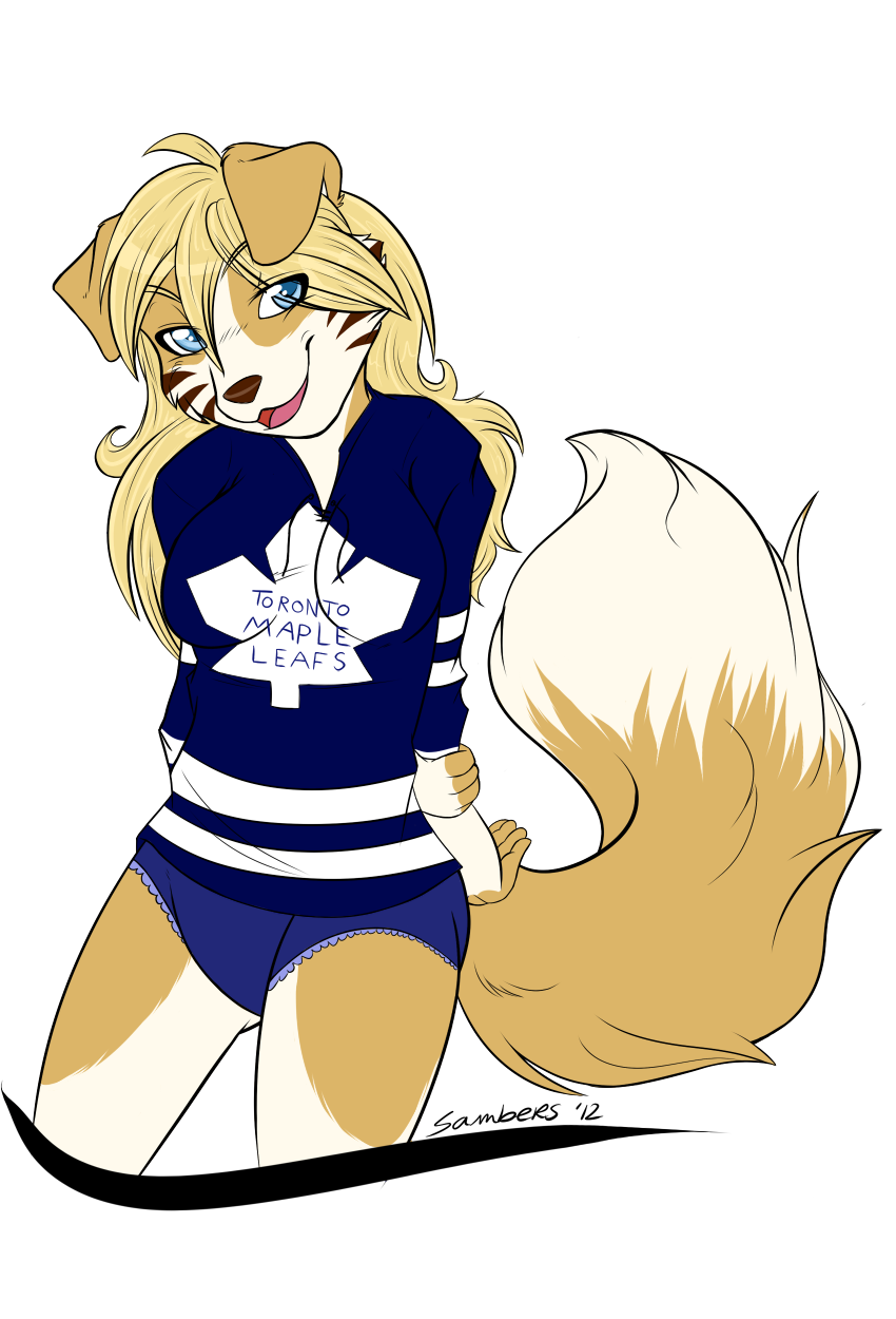 blonde_hair blue_eyes border_collie bottomless breasts canine clothed clothing dog female hair half-dressed happy hockey hockey_jersey mammal panties plain_background sambers sambers_(character) solo toronto_maple_leafs underwear white_background