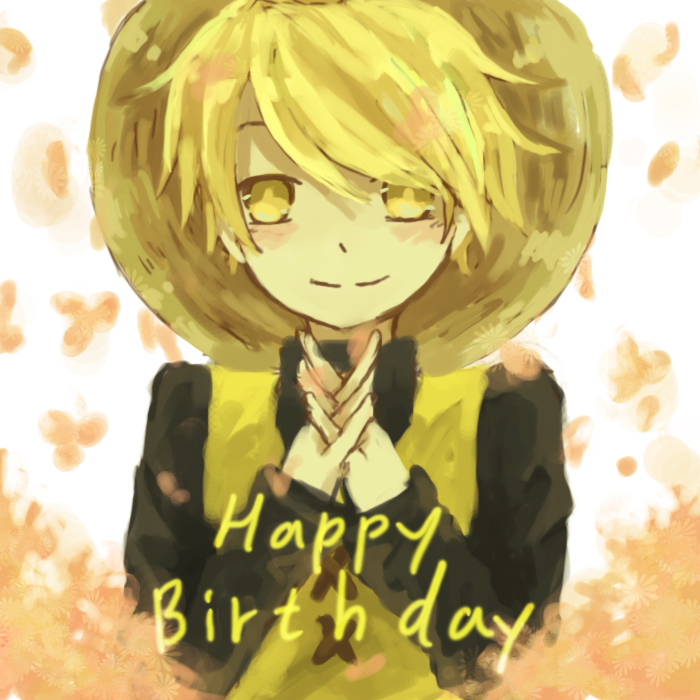 androgynous black_shirt blonde_hair closed_mouth hands_clasped happy_birthday hat kinomukumama long_sleeves own_hands_together pokemon pokemon_special reverse_trap shirt smile solo straw_hat vest yellow_(pokemon) yellow_eyes yellow_vest