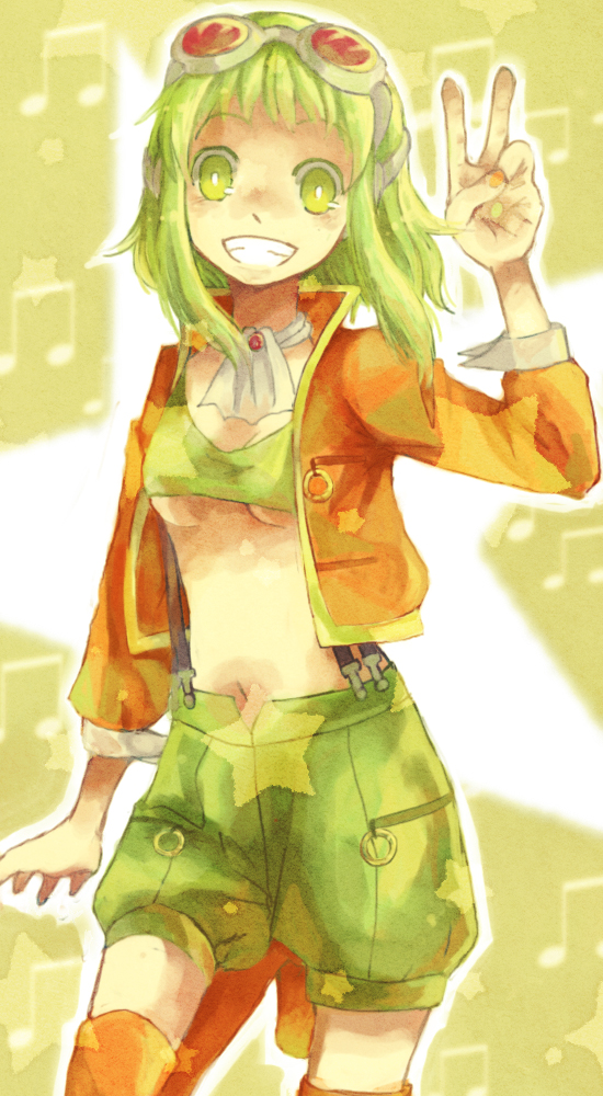 breasts goggles goggles_on_head green_eyes green_hair grin gumi kinomukumama medium_breasts megpoid_(vocaloid3) musical_note navel open_mouth shorts smile solo star suspenders underboob v vocaloid