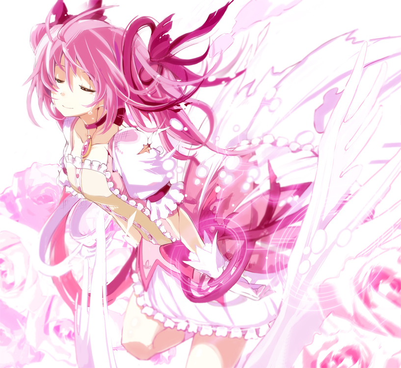 armcho blood closed_eyes dress flower gloves hair_ribbon injury jewelry kaname_madoka magical_girl mahou_shoujo_madoka_magica necklace pendant pink_flower pink_hair pink_rose pink_skirt ribbon rose skirt smile solo tears torn_clothes torn_dress twintails white_gloves