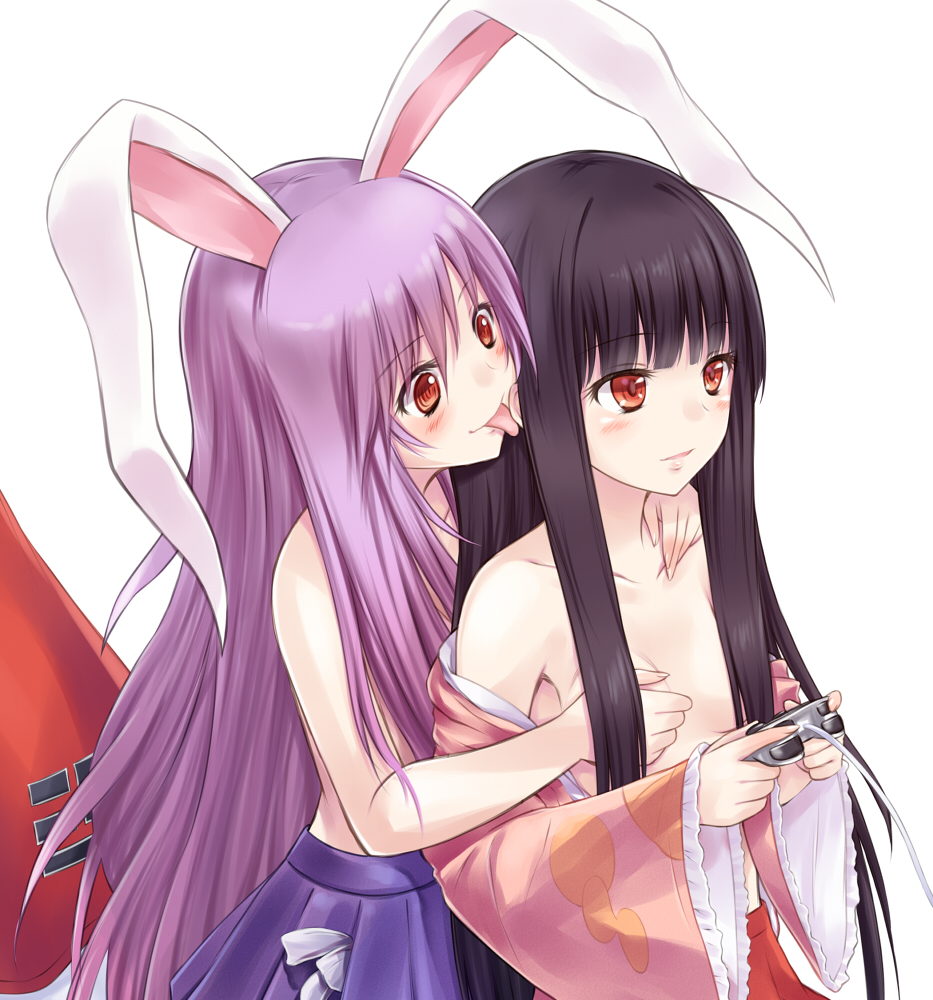 animal_ears black_hair blush breast_grab breasts bunny_ears collarbone commentary_request controller convenient_censoring game_controller grabbing hair_censor hair_over_breasts houraisan_kaguya japanese_clothes kimono licking long_hair multiple_girls no_bra off_shoulder playing_games pleated_skirt purple_hair red_eyes reisen_udongein_inaba simple_background skirt small_breasts suzushiro_yukari tongue tongue_out topless touhou very_long_hair white_background you_gonna_get_raped yuri