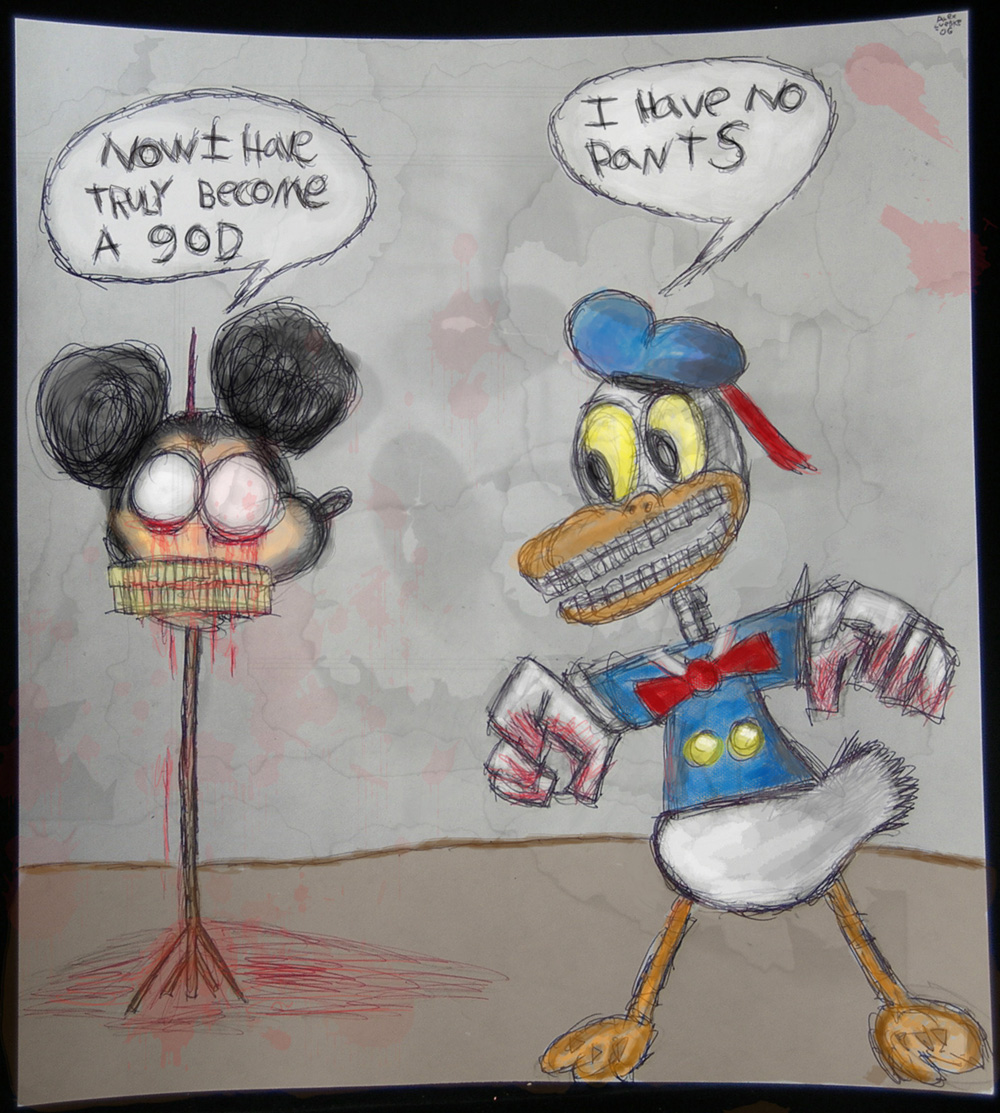 dialog dialogue disney donald_duck english_text gore headless impalement inside lord_of_the_flies mickey_mouse nightmare_fuel no_pupils sailor_hat sailor_uniform sketch soul_devouring_eyes standing text unknown_artist washyourhandsman what