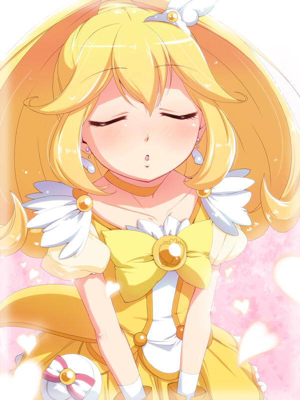 blonde_hair blush bow choker closed_eyes cure_peace earrings hair_flaps hair_ornament heart incoming_kiss jewelry kise_yayoi magical_girl natsumi_akira precure skirt smile_precure! solo wide_ponytail yellow yellow_bow yellow_choker yellow_skirt