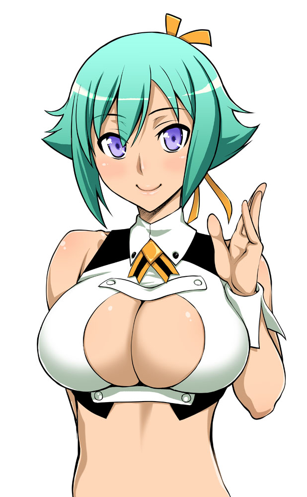 aquarion_(series) aquarion_evol breasts cleavage cleavage_cutout green_hair large_breasts midriff purple_eyes short_hair simple_background smile solo unagimaru white_background zessica_wong