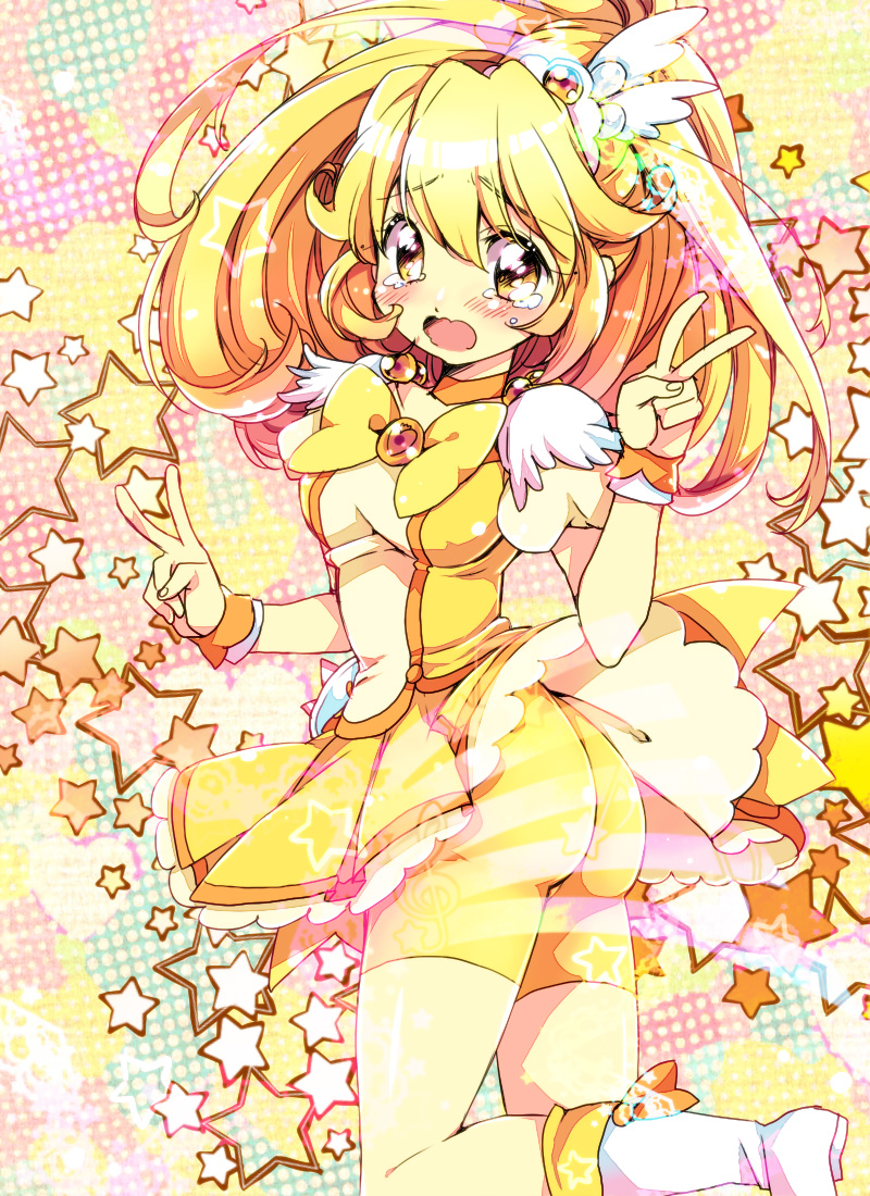 :o ass bike_shorts blonde_hair blush boots bow bowtie chigo choker cure_peace double_v hair_flaps hair_ornament hairpin kise_yayoi long_hair magical_girl open_mouth precure shorts shorts_under_skirt skirt smile_precure! solo star starry_background tears v wide_ponytail yellow yellow_bow yellow_choker yellow_eyes yellow_neckwear yellow_shorts yellow_skirt