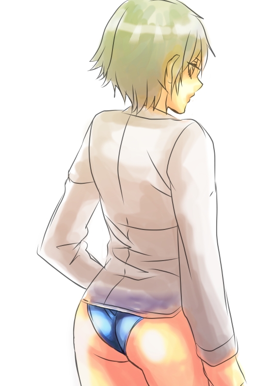 ass bad_id bad_pixiv_id competition_swimsuit dress_shirt from_behind long_sleeves looking_away one-piece_swimsuit persona persona_4 shirogane_naoto shirt short_hair solo swimsuit zan96