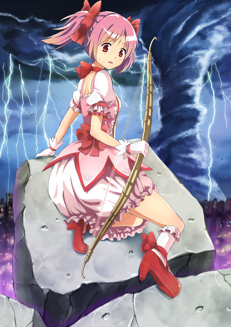 1girl blue_door blush bow bow_(weapon) choker gloves hair_bow kaname_madoka lightning looking_back magical_girl mahou_shoujo_madoka_magica open_mouth pink_hair red_eyes short_hair short_twintails smile solo twintails weapon white_gloves