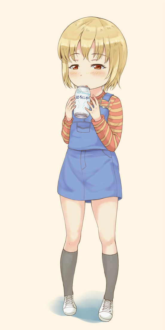 1girl blonde_hair blue_door blush child open_mouth original overalls red_eyes shoes short_hair skirt sneakers solo suspenders