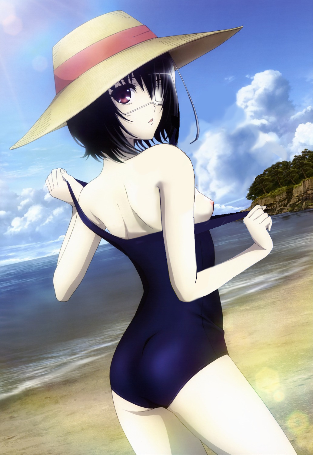 1girl another beach cloud eyepatch hat highres looking_at_viewer misaki_mei nipples nude_filter nyantype ocean official_art pale_skin photoshop red_eyes school_swimsuit sky solo swimsuit undressing water