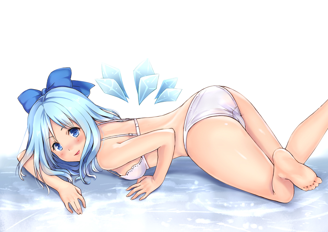 alternate_hair_length alternate_hairstyle ass barefoot blue_door blue_eyes blue_hair blush bow bra breasts cirno embarrassed face feet hair_bow hands licking_lips lingerie medium_breasts older open_mouth panties smile solo strap_gap teenage tongue tongue_out touhou underwear underwear_only white_bra white_panties wings