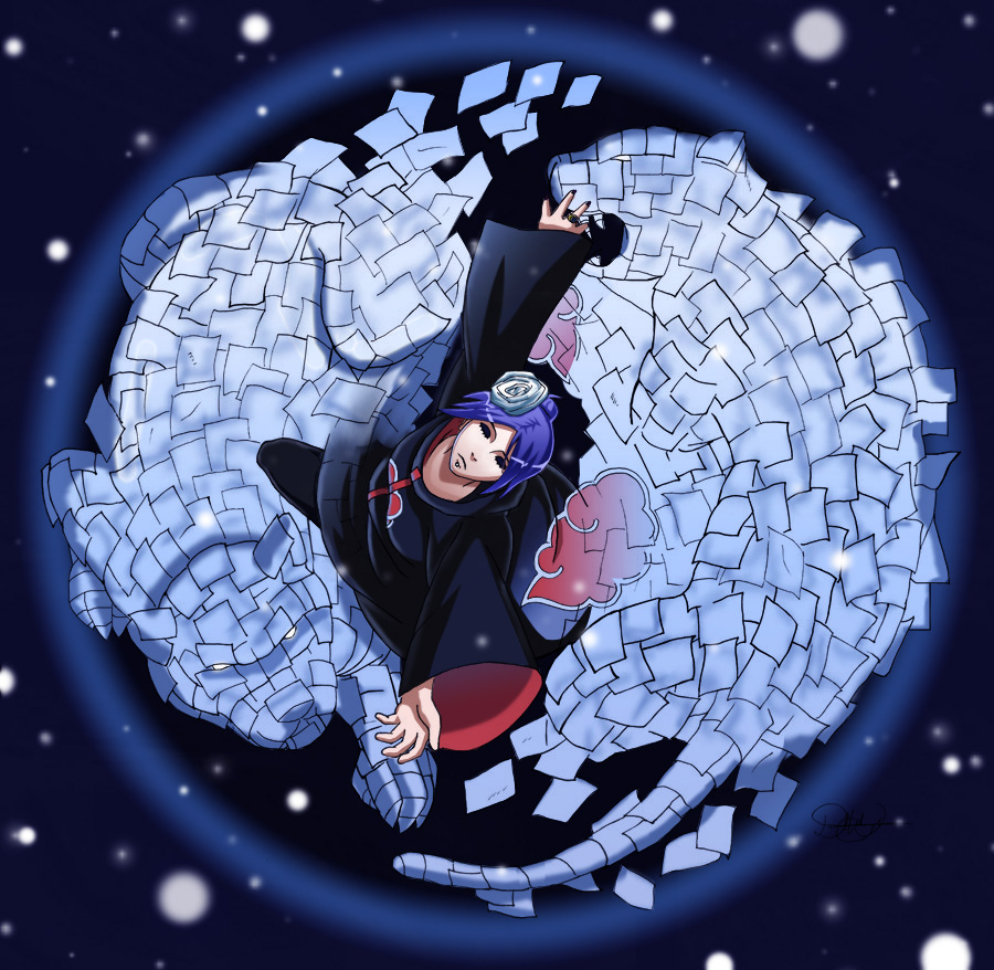 1girl akatsuki_(naruto) asriel-chan blue_hair cloak eyes_closed eyeshadow flower from_aboce from_above hair_flower hair_ornament konan labret_piercing looking_up makeup naruto naruto_shippuuden paper piercing solo