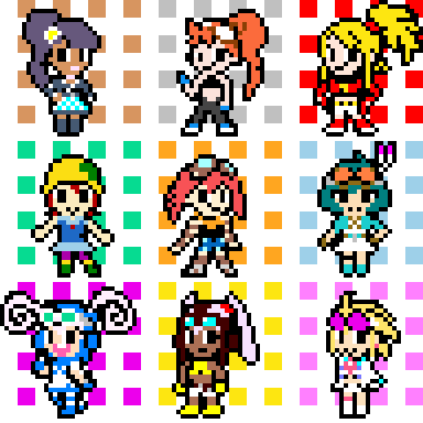 6+girls aero aero_(higurashi_ryuuji) aero_(inafune_keiji) aero_(ishikawa_hideki) aero_(itou_kazushi) aero_(kaji_hayato) aero_(nakayama_tooru) aero_(suetsugu_haruki) aero_(yoshikawa_tatsuya) capcom game_sprite lowres male multiple_girls native_american original parody pixel_art puova rockman rockman_dash rockman_dash_3 style_parody