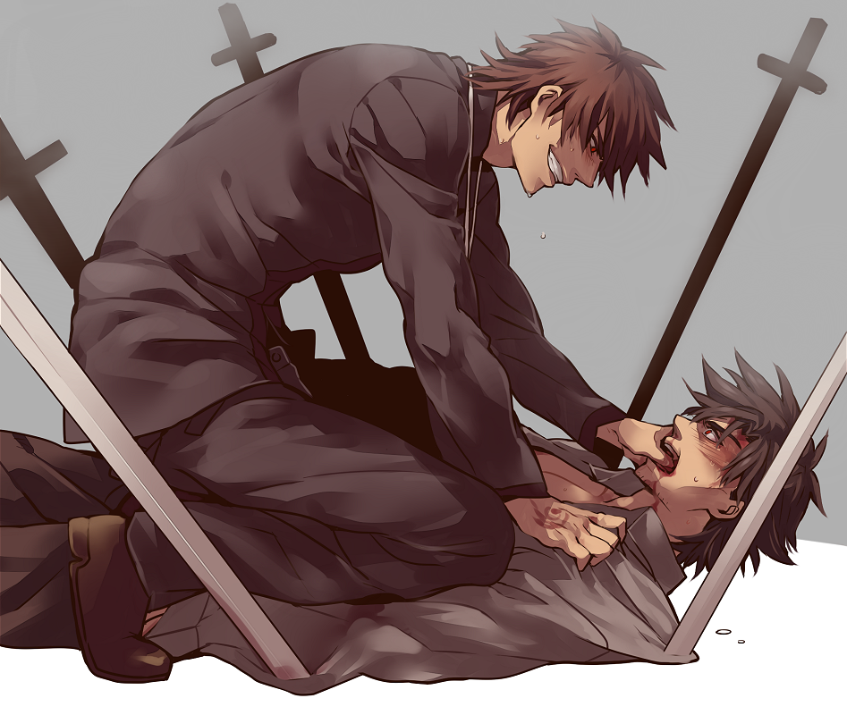 bad_id bad_pixiv_id black_eyes black_hair black_keys blood blood_on_face brown_eyes brown_hair cross cross_necklace emiya_kiritsugu fate/zero fate_(series) grey_background hand_on_another's_face jewelry kotomine_kirei long_coat male_focus multiple_boys necklace planted_weapon straddling weapon zihad