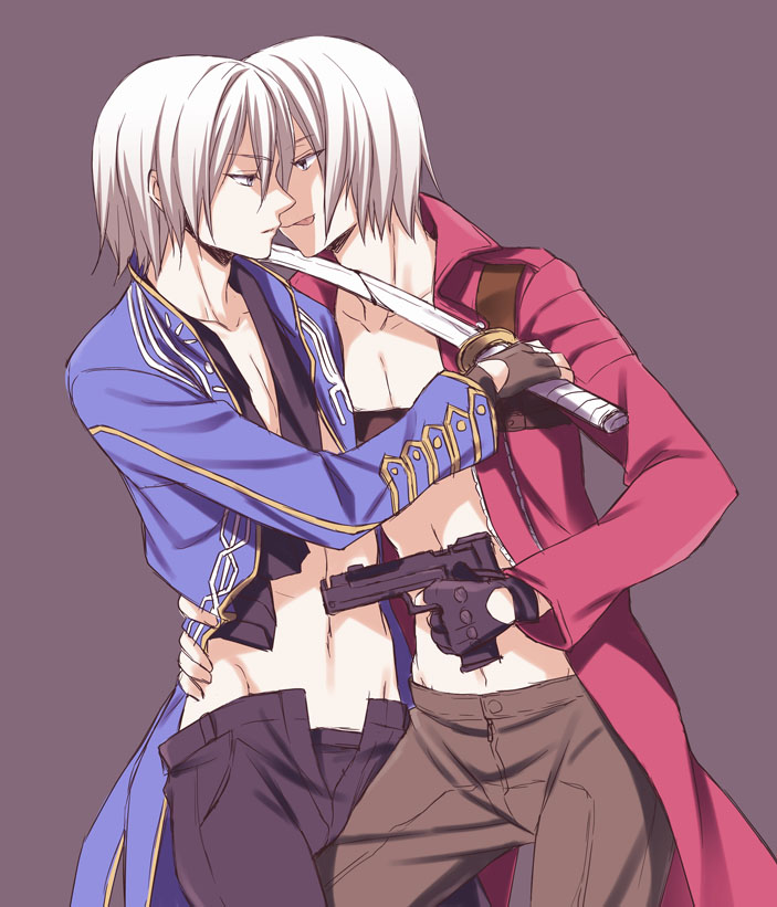 2boys brothers capcom coat dante devil_may_cry devil_may_cry_3 frown gun karukanko multiple_boys navel open_clothes open_shirt shirt siblings smile sword tongue trench_coat trenchcoat unzipped vergil weapon white_hair yaoi