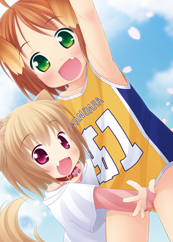 2girls \o/ animal_ears armpits arms_up basketball_uniform brown_hair dog_ears dog_tail fang green_eyes inuarashi meiko_(inuarashi) multiple_girls open_mouth original outstretched_arms red_eyes short_hair smile sportswear tail