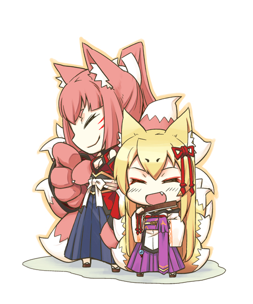 :d animal_ear_fluff animal_ears artist_request blonde_hair chibi closed_eyes fang fox_ears fox_tail mon-musu_quest! monster_girl multiple_girls multiple_tails open_mouth pink_hair smile tail tamamo_(mon-musu_quest!) yao_(mon-musu_quest!)
